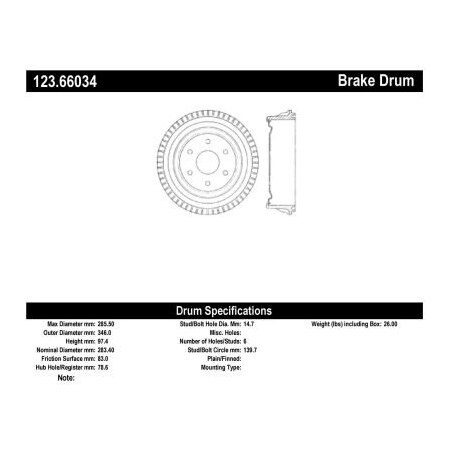Centric C-Tek Standard Brake Drum, C-Tek 123.66034 123.66034